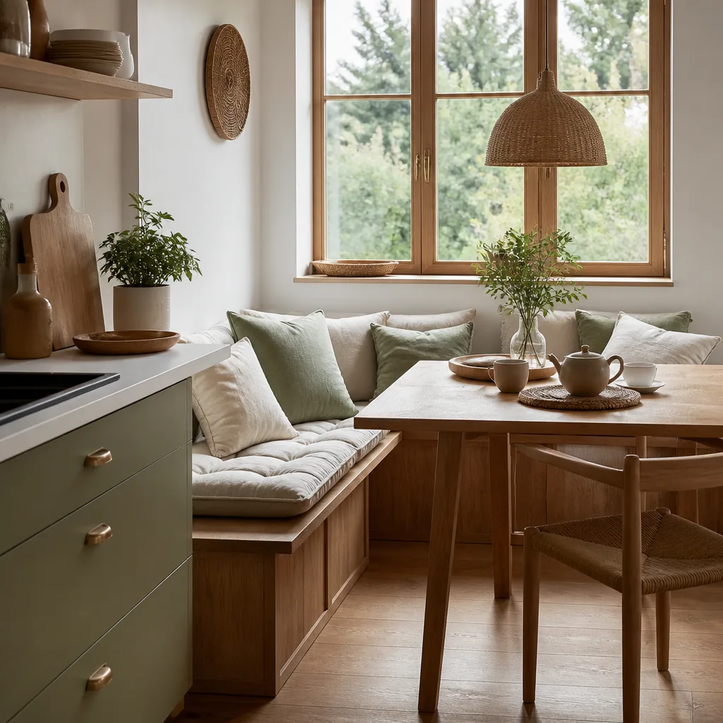 cozy kitchen corner nook with a built-in bench, seat cushions and small table, warm light