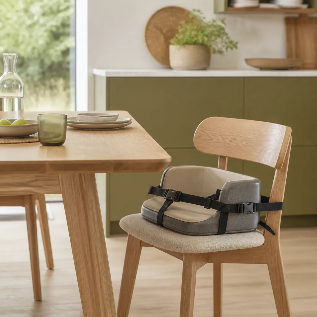child booster seat strapped onto a kitchen chair at a family table, bright kitchen