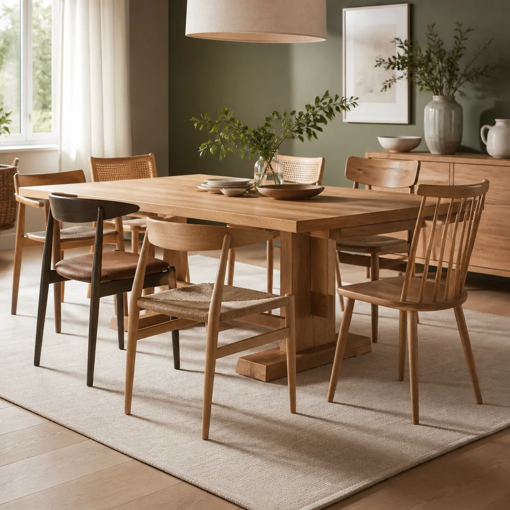 Bright dining room with a wooden table and six varied wooden chairs around it, soft daylight from a side window
