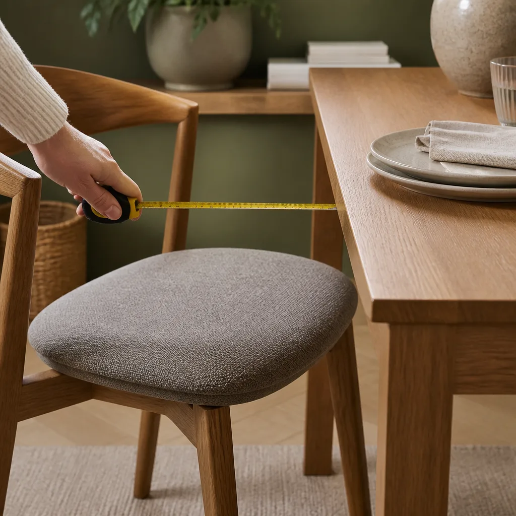 Close-up of a hand measuring the distance between a chair seat and a table edge with a tape measure
