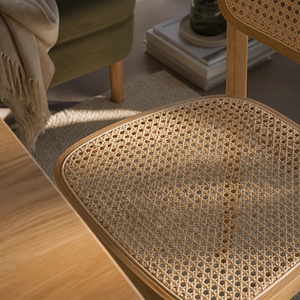 Close-up of woven Vienna cane chair seat texture with warm side lighting