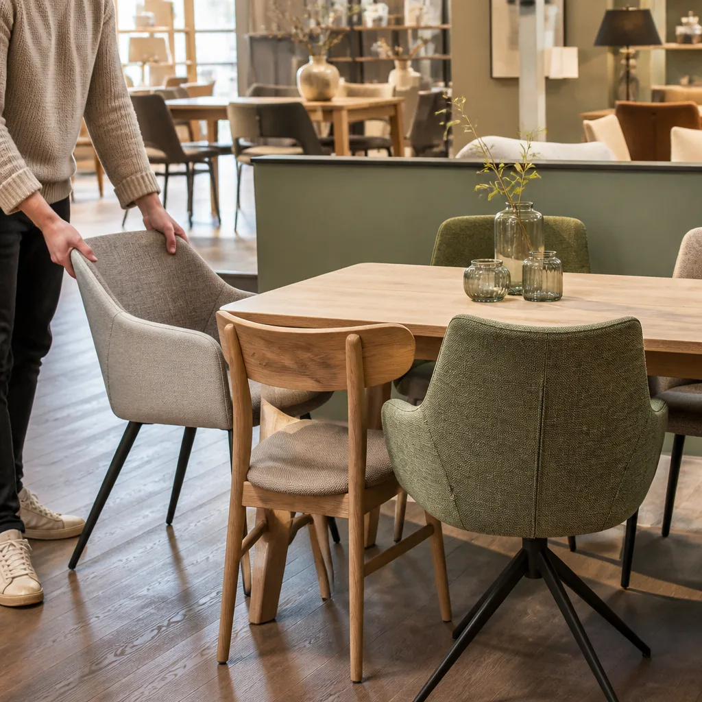 Person trying out a dining chair at a wooden table in a furniture showroom, natural light