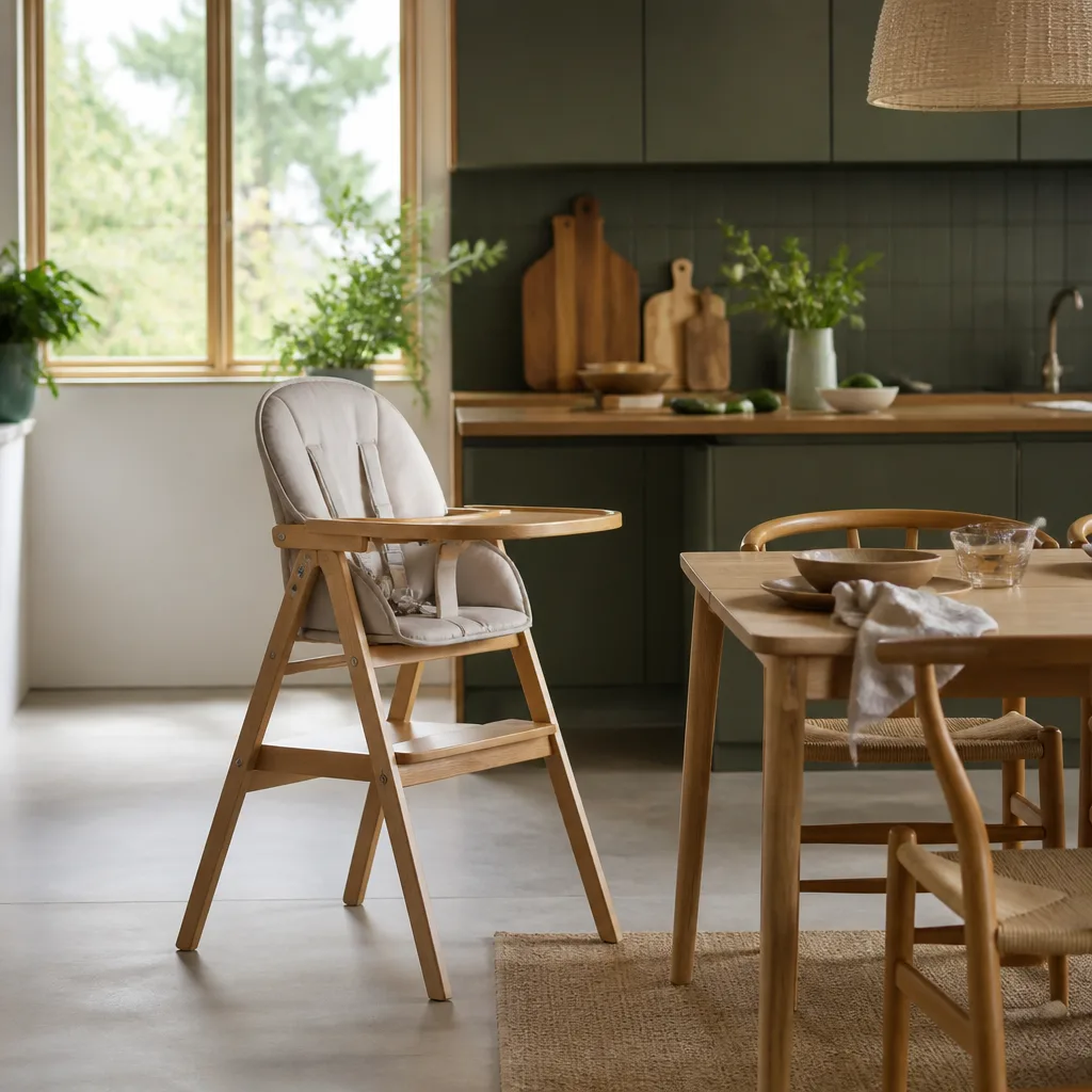 baby high chair at a family dining table in a bright kitchen, no people, natural light