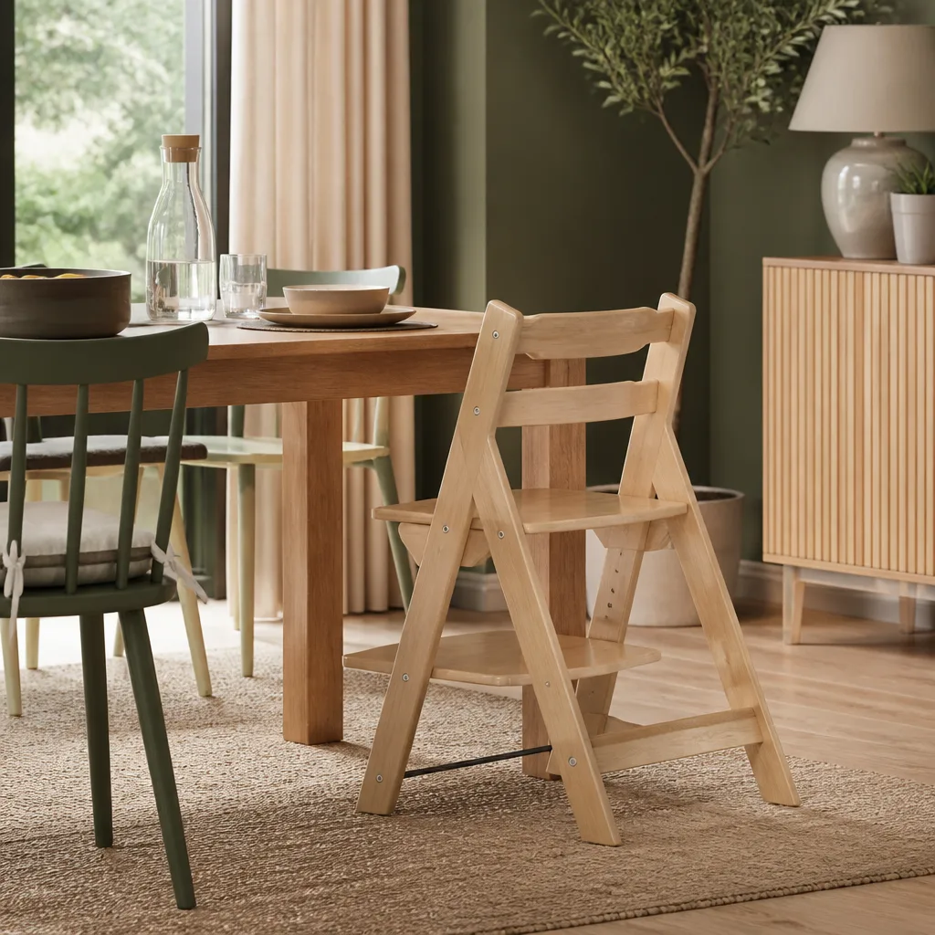 adjustable wooden growing chair for children at a family dining table, warm daylight