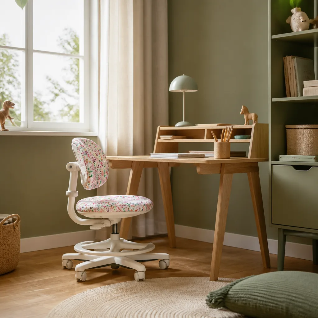 colorful adjustable children's desk chair at a small study desk in a kids room, daylight