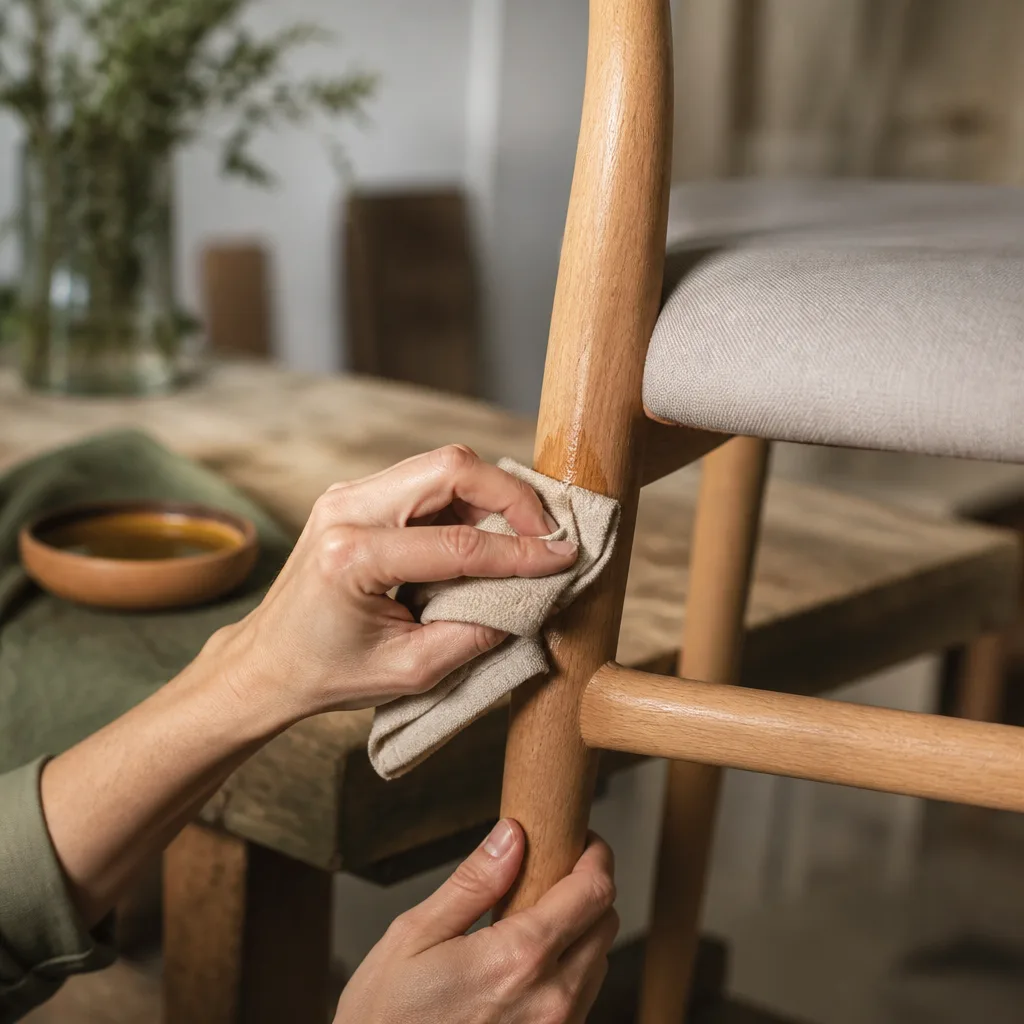 Hands applying wood oil to a wooden chair leg with a soft cloth, workshop table in background