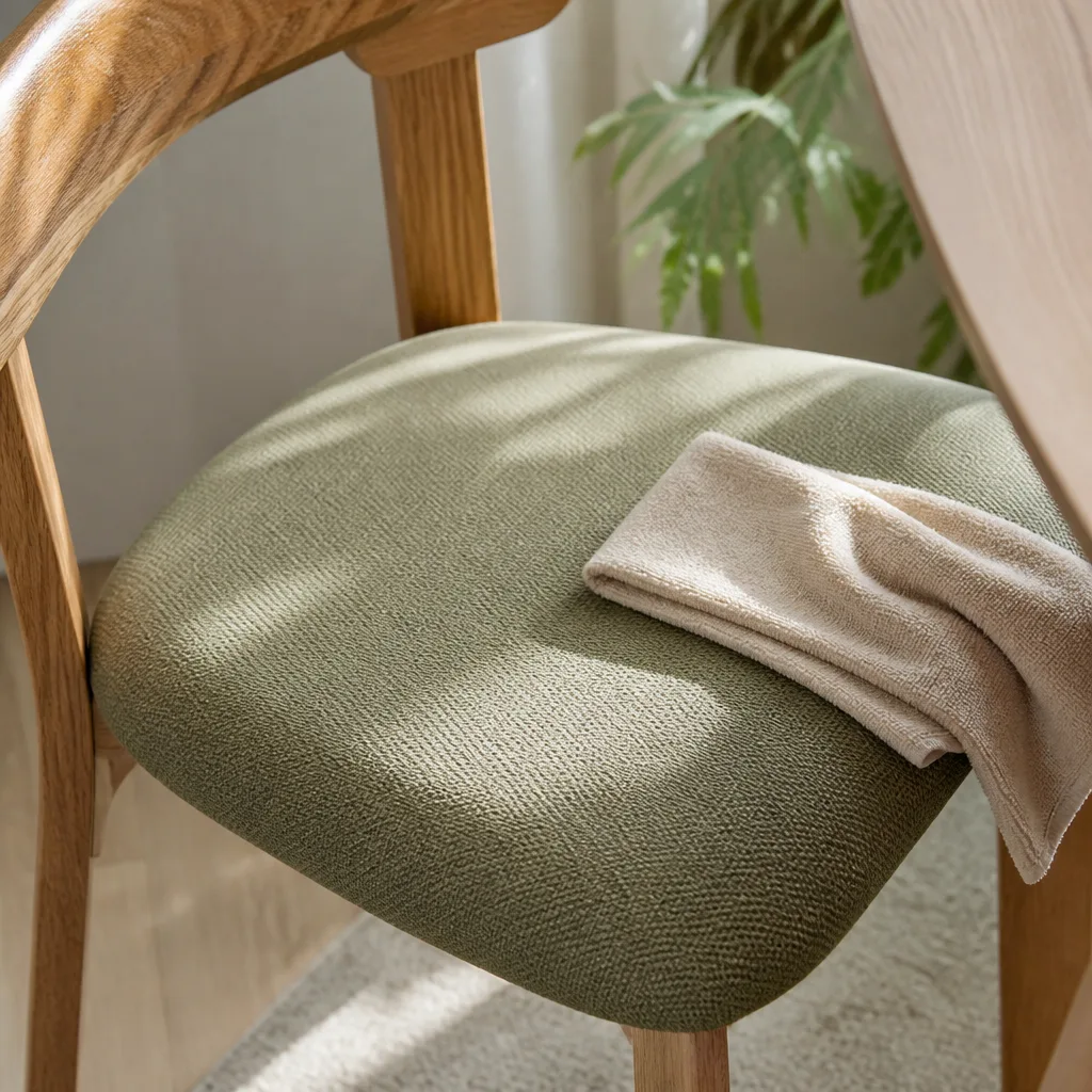 Close-up of a soft cloth wiping a fabric upholstered chair seat, natural daylight