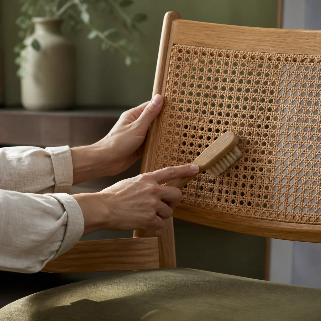 Close-up of hands cleaning cane webbing on a chair backrest with a soft brush