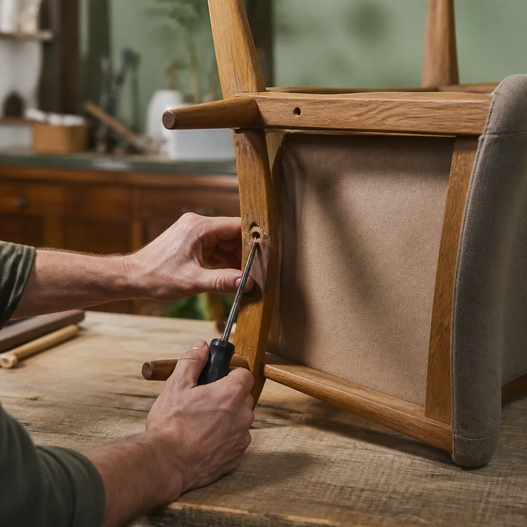 Close-up of a person unscrewing a dining chair leg to check the joint, workshop setting