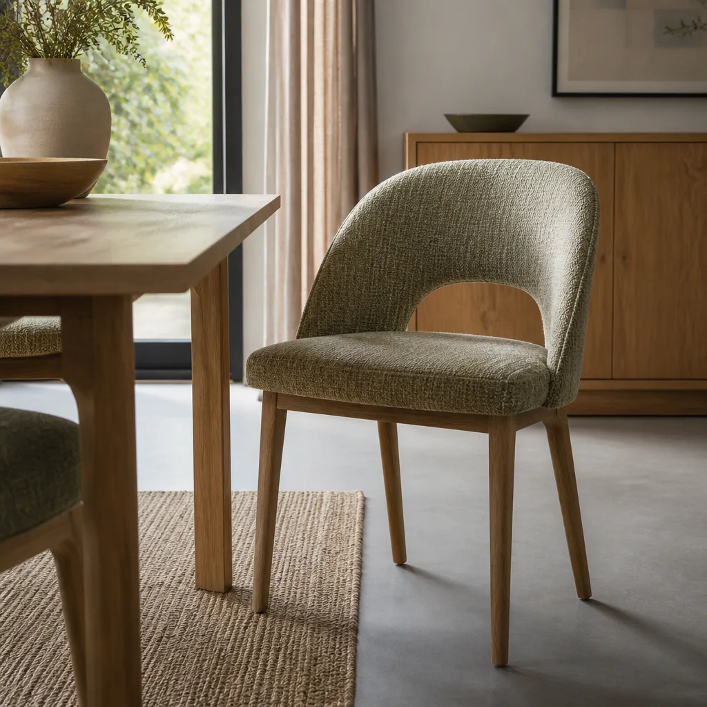 upholstered dining chair with visible fabric texture in soft daylight