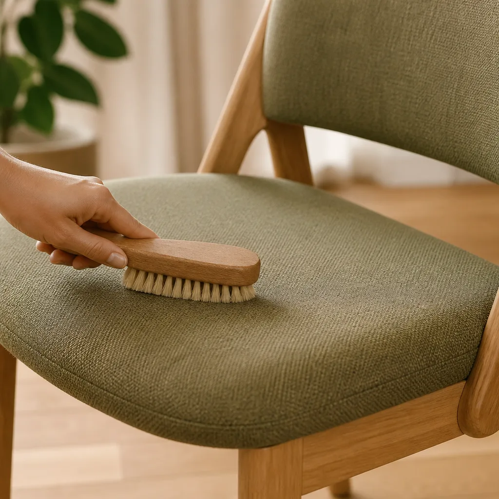 close up hand brushing a fabric upholstered chair cushion