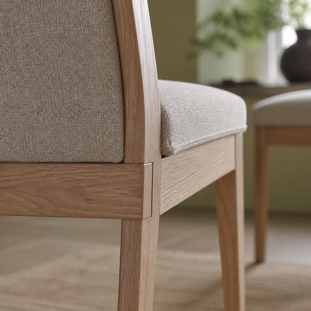 wooden frame joint detail of an upholstered dining chair