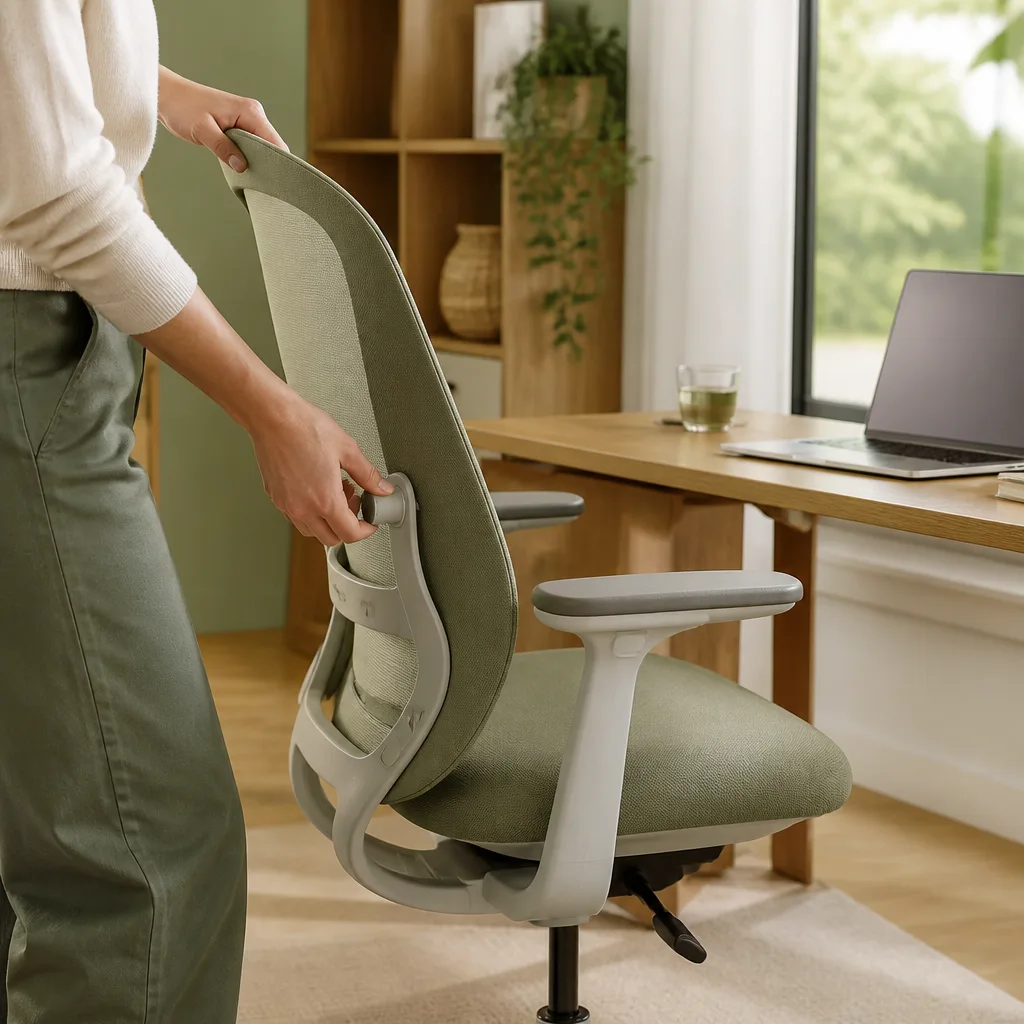 person adjusting an ergonomic office chair backrest angle in a bright home office