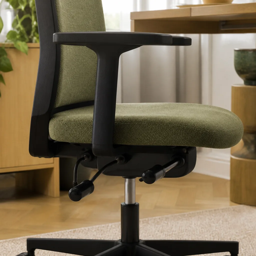 close-up of office chair height and tilt adjustment levers under the seat