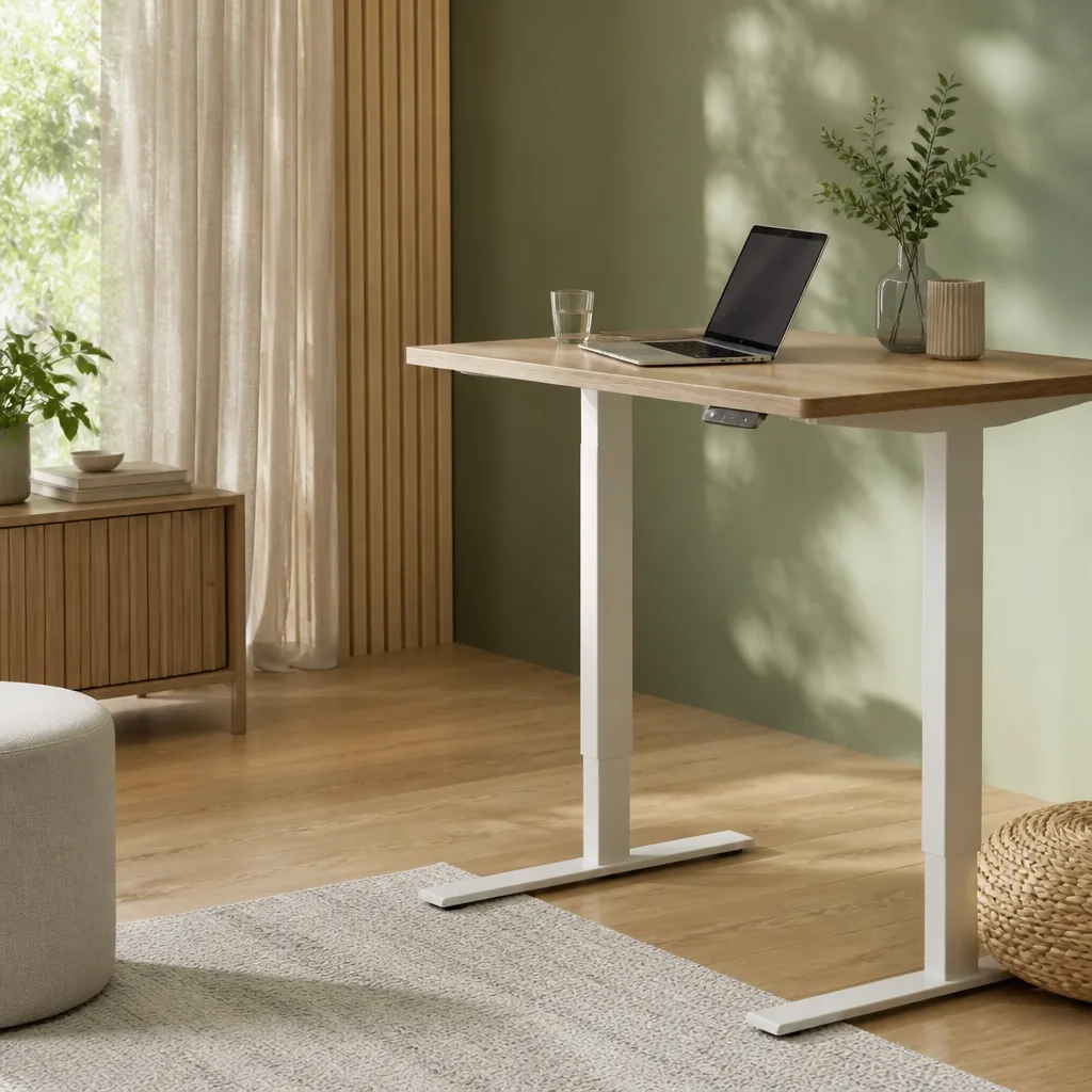 height-adjustable standing desk with laptop in a bright minimalist home office