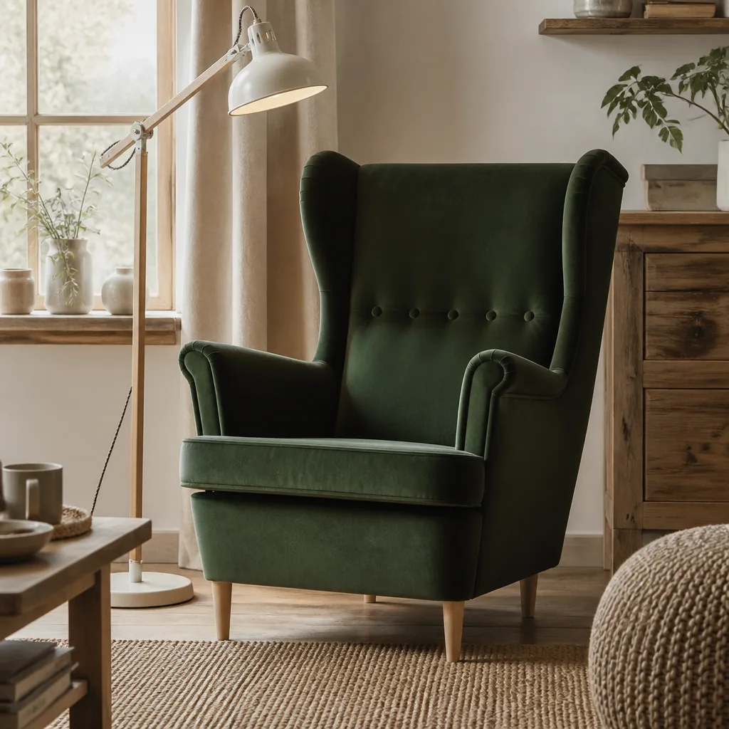 wing back armchair in dark green velvet upholstery beside a reading lamp in a cozy living room corner