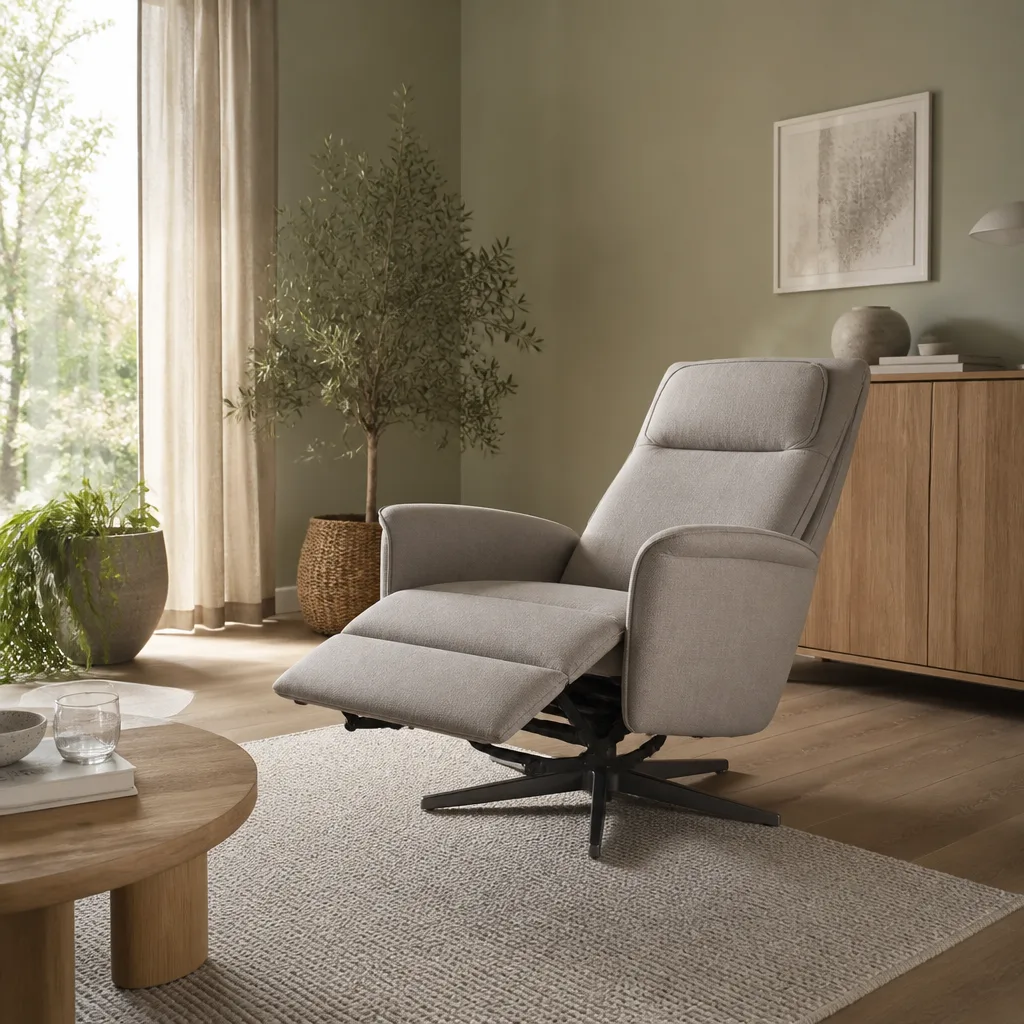 reclining relax armchair in light gray fabric with footrest extended in a bright minimalist living room