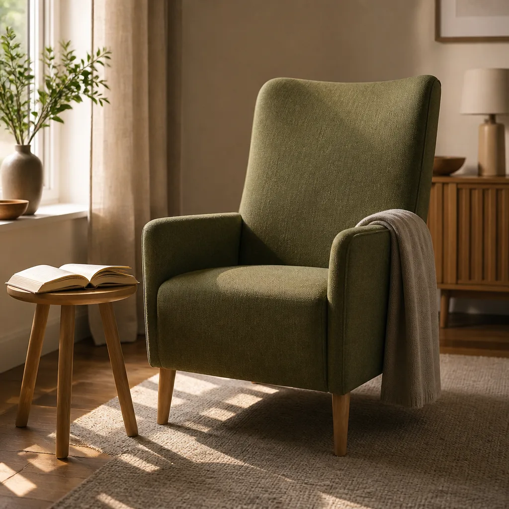 small upright reading armchair with a side table and open book, warm afternoon light through a window