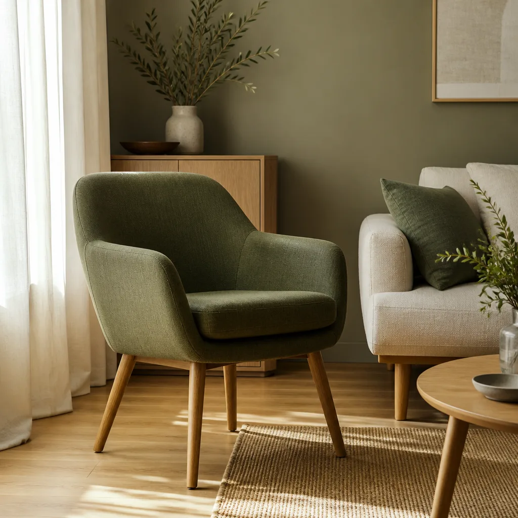 slim mid-century cocktail armchair with tapered wooden legs in a small living room corner