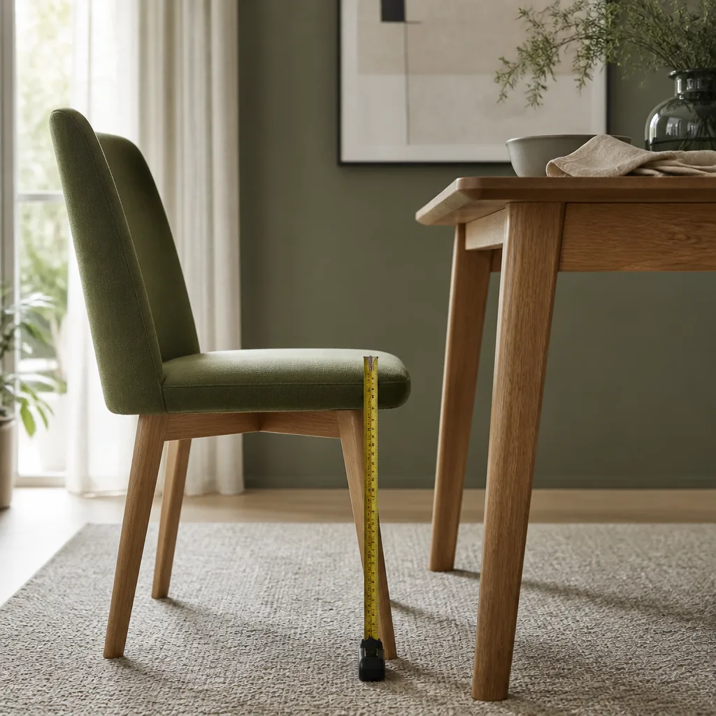 measuring tape next to a dining chair and table leg showing seat height