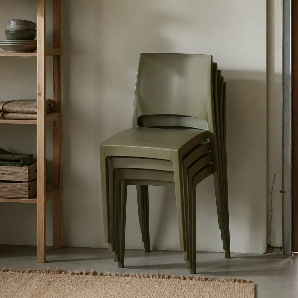 stack of plastic stacking chairs against a plain wall in a storage room