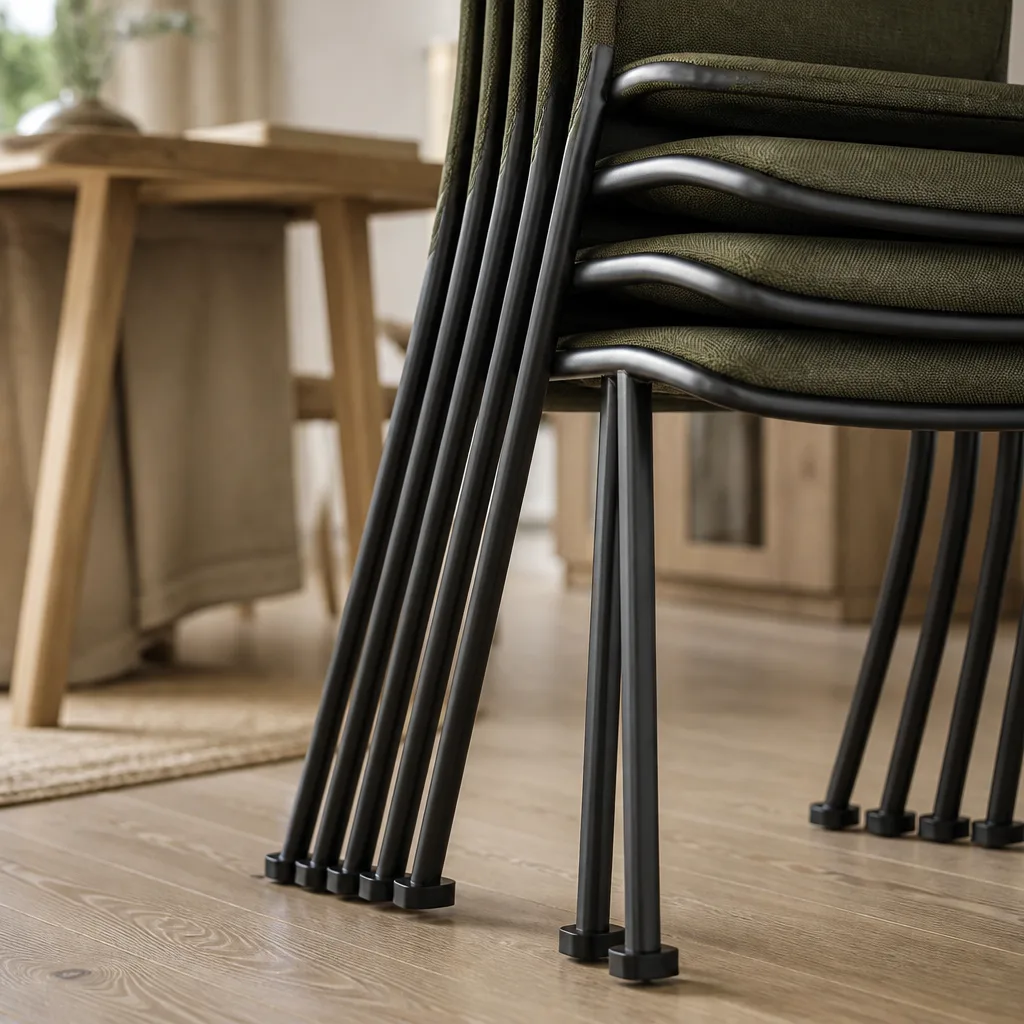 close-up of interlocking chair legs where several stacking chairs are stacked together