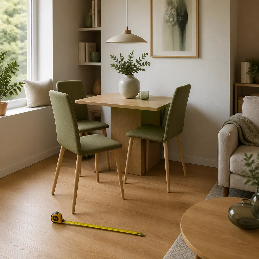 small dining table with slim chairs in a compact apartment corner, measuring tape on the floor