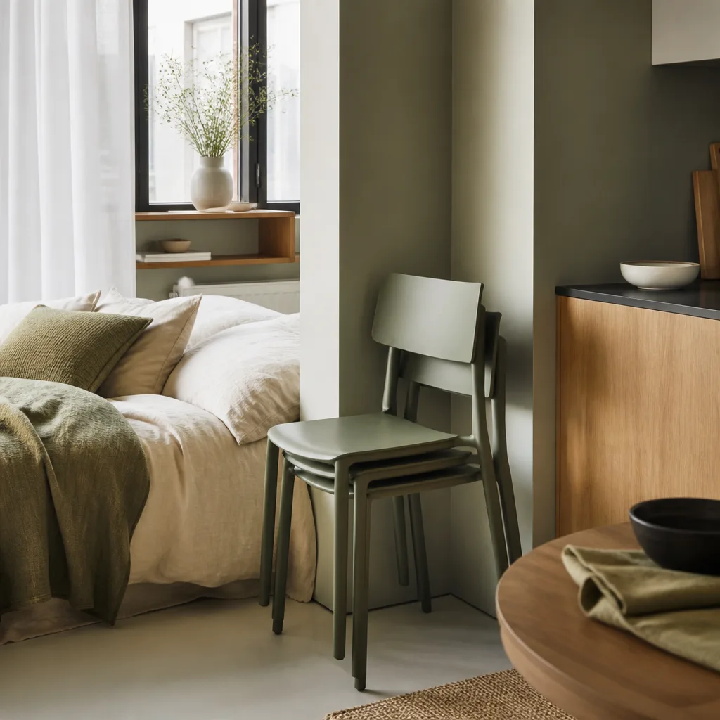 three lightweight stacking chairs stacked in the corner of a small studio apartment