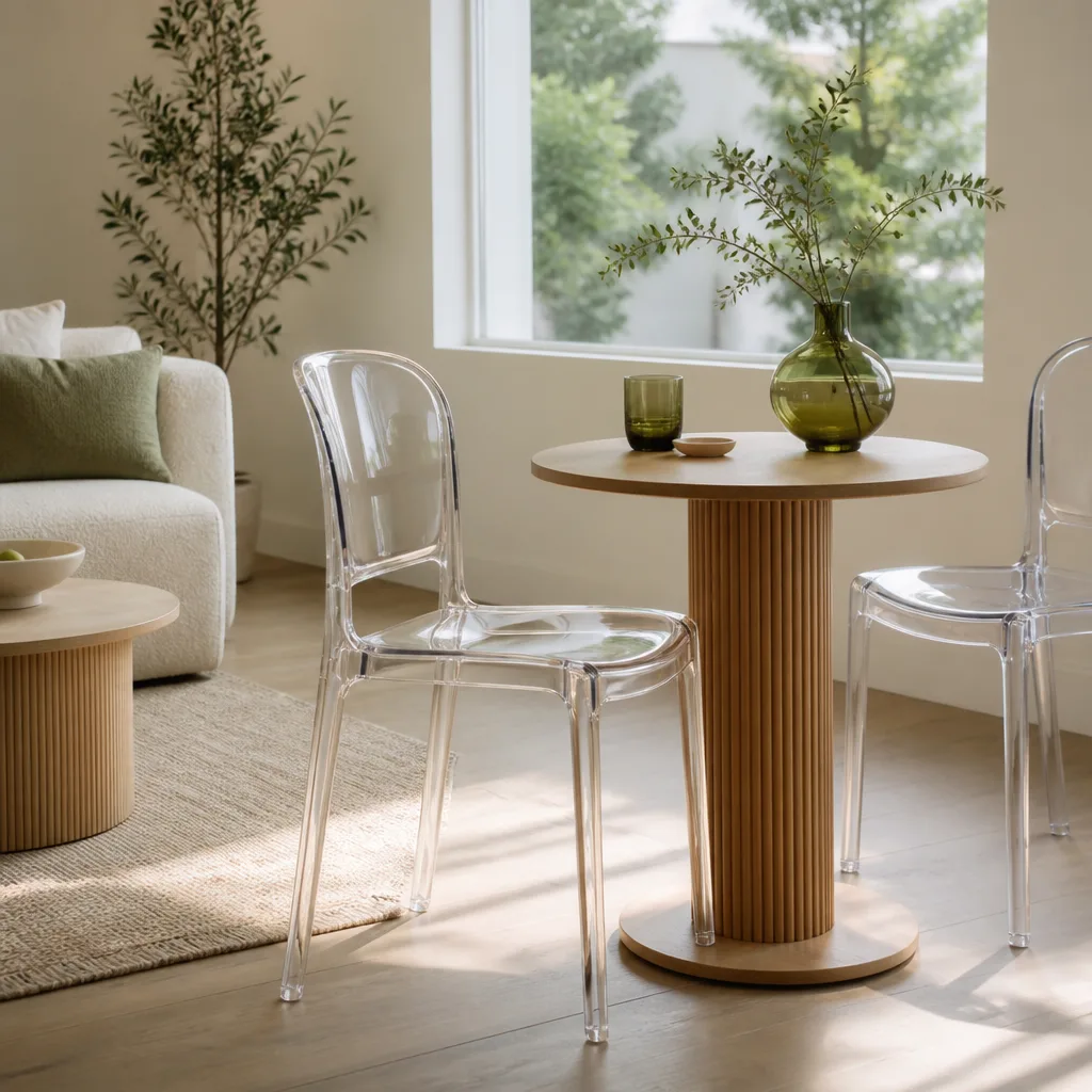transparent acrylic chair at a small round table in a bright minimalist living room