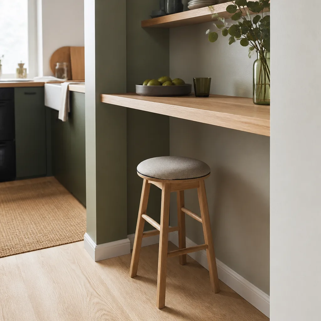 small wooden stool tucked under a narrow kitchen counter in a compact kitchen