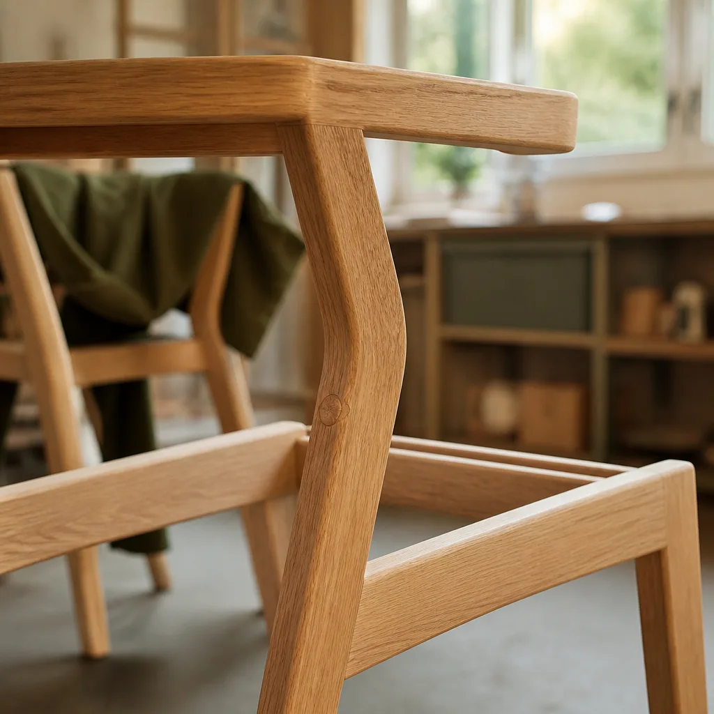 close-up of solid wood chair frame showing natural wood grain and joinery in a bright workshop