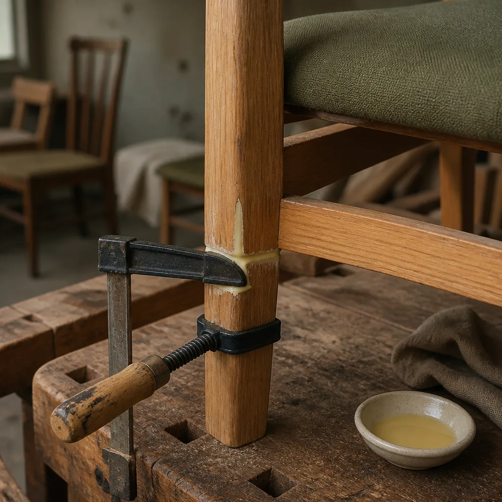 wooden chair leg being repaired with wood glue and a clamp on a workbench