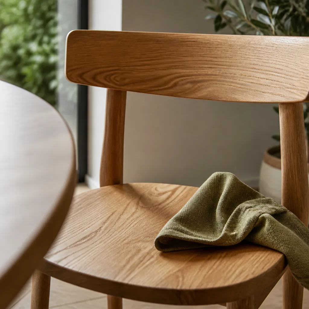 wooden chair being wiped with a soft cloth, close up on the wood grain, natural light