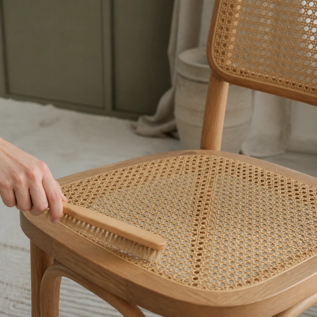 close up of hand caning on a chair seat being gently dusted with a soft brush