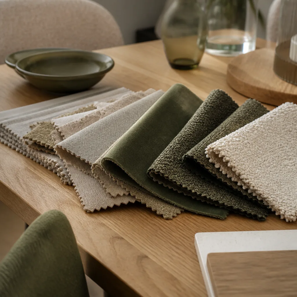 close up of different upholstery fabric swatches for dining chairs, textured fabric samples on a table