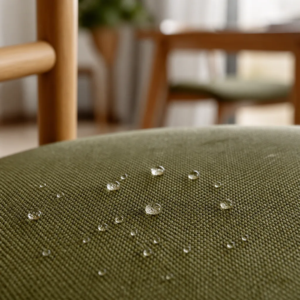 close up of water droplets beading on a treated fabric upholstery surface, macro shot