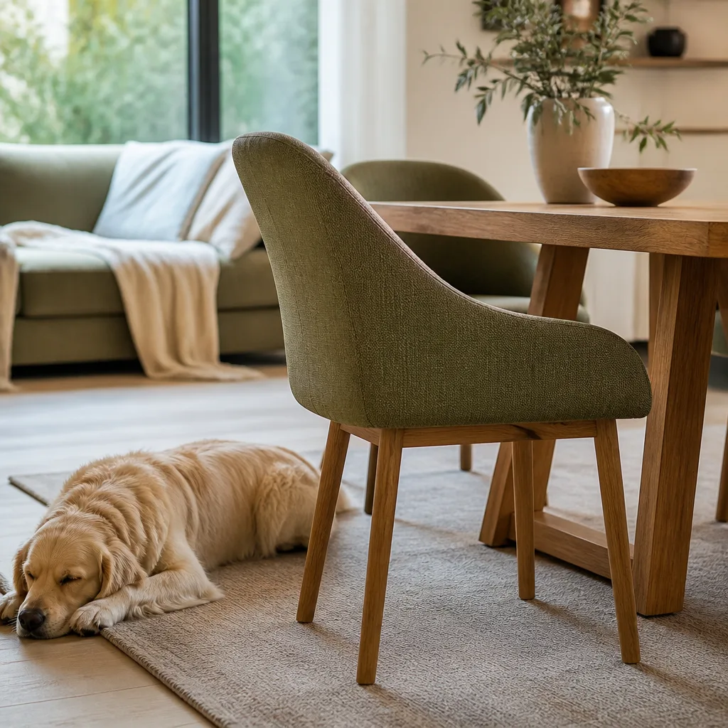 dog resting near an upholstered dining chair with durable fabric in a bright living room, no faces