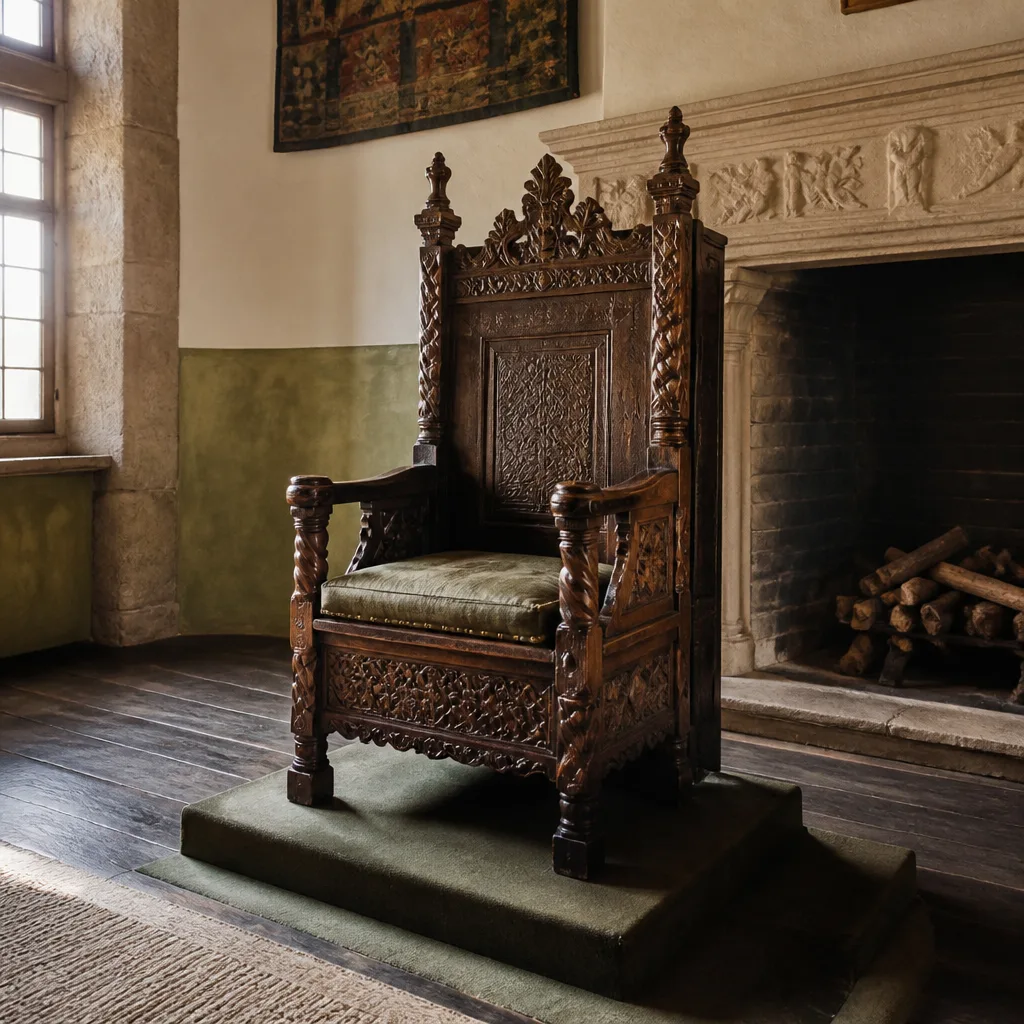 ornate antique wooden throne chair with carved details in a historical interior setting