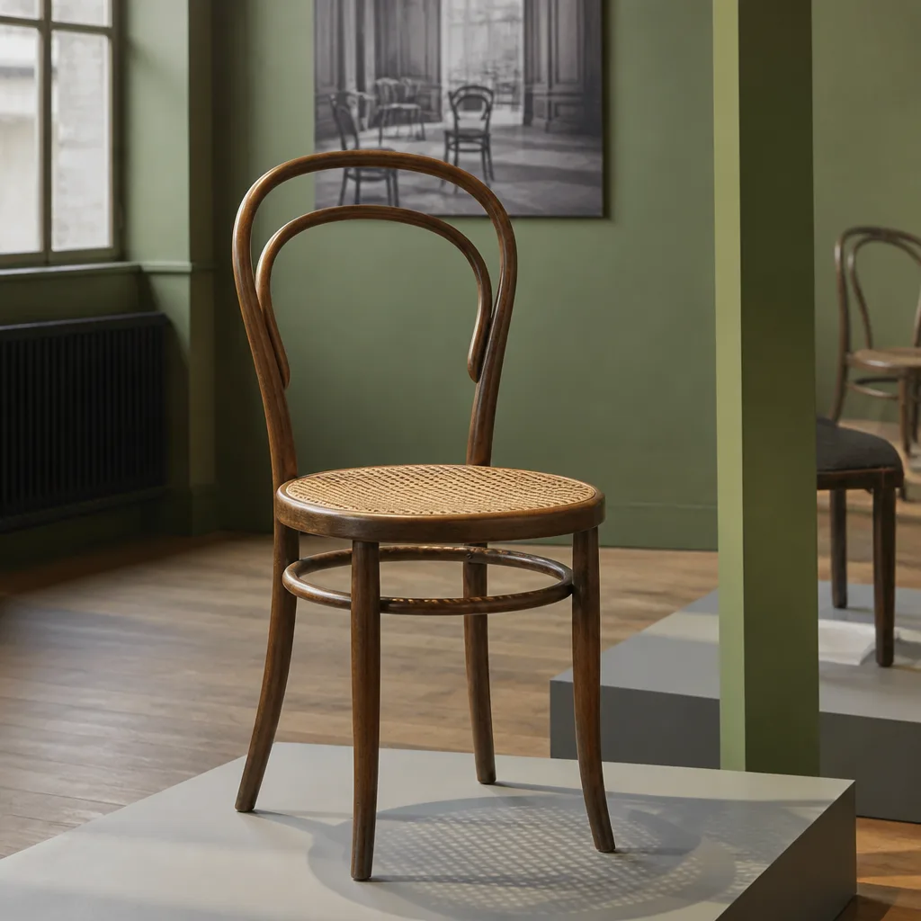 historic bentwood chair with curved wooden frame and cane seat in a museum-style setting