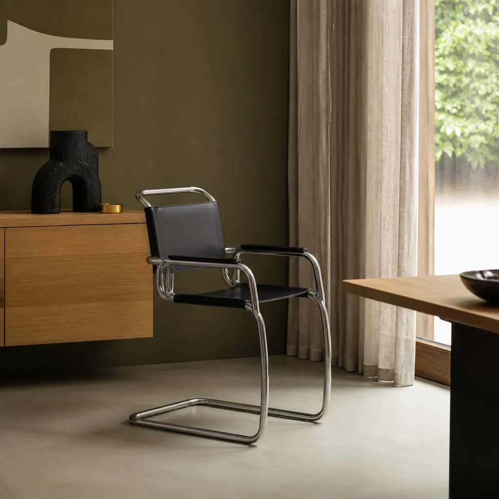 minimalist tubular steel cantilever chair with black leather seat in a modernist interior
