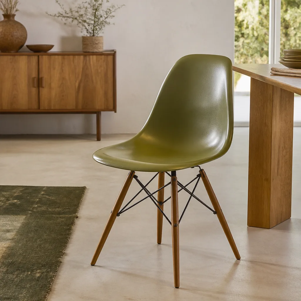 mid-century molded plastic shell chair on slender wooden legs in a bright studio