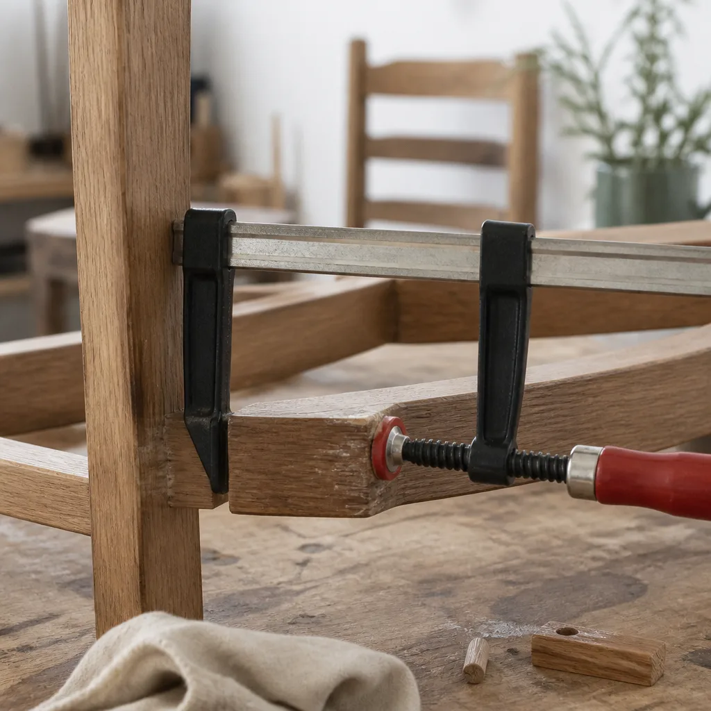 close up of a wooden chair joint being clamped and glued on a workshop table