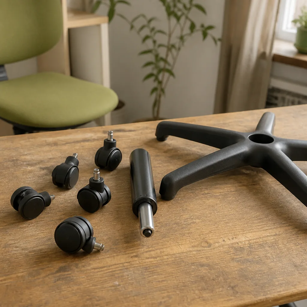 office chair caster wheels and a gas lift cylinder laid out on a workbench, replacement parts