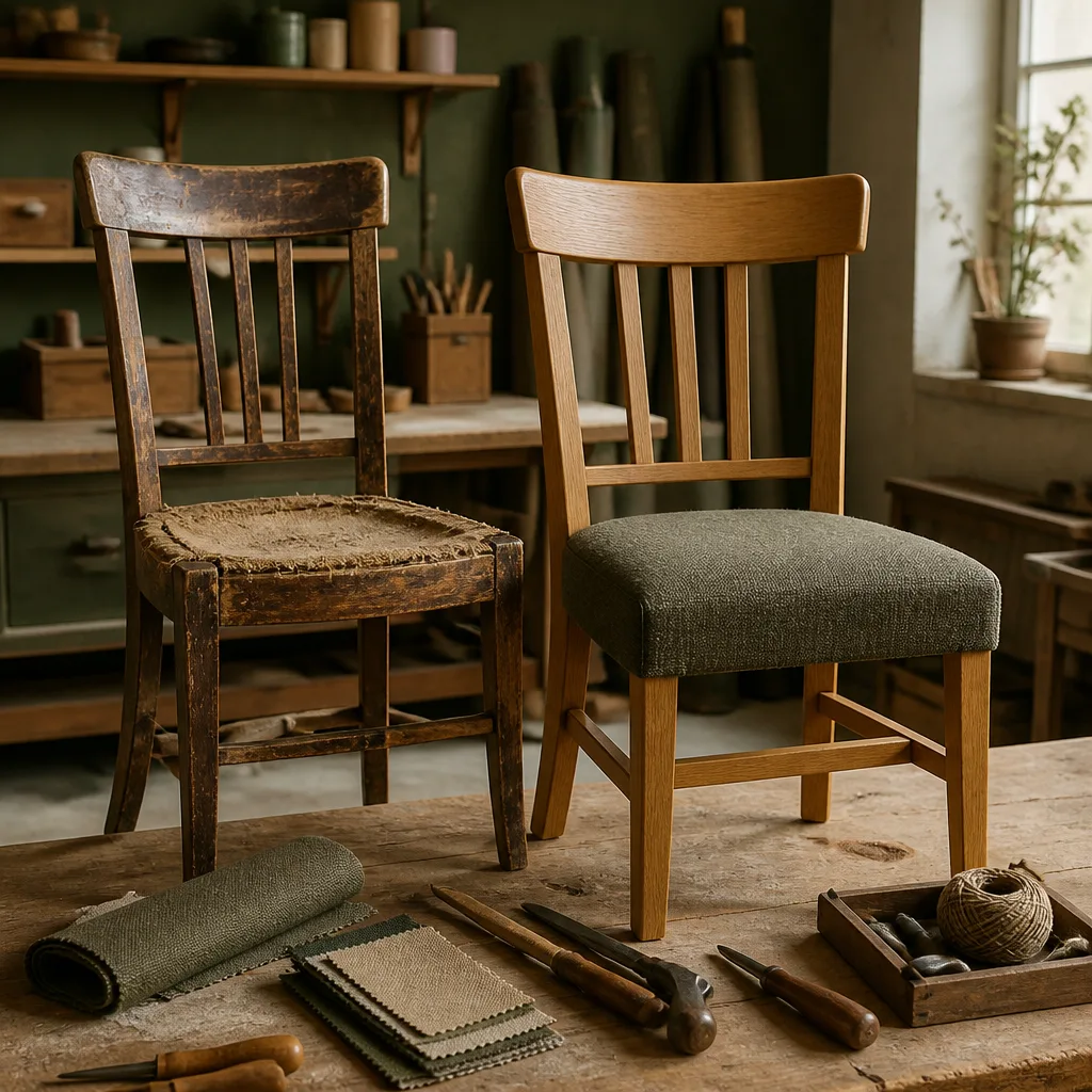 restored wooden chair next to tools and fabric samples on a workshop bench, before and after feel