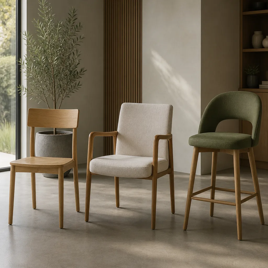 Several different chair types, wooden dining chair, upholstered armchair and bar stool, arranged side by side in a bright studio