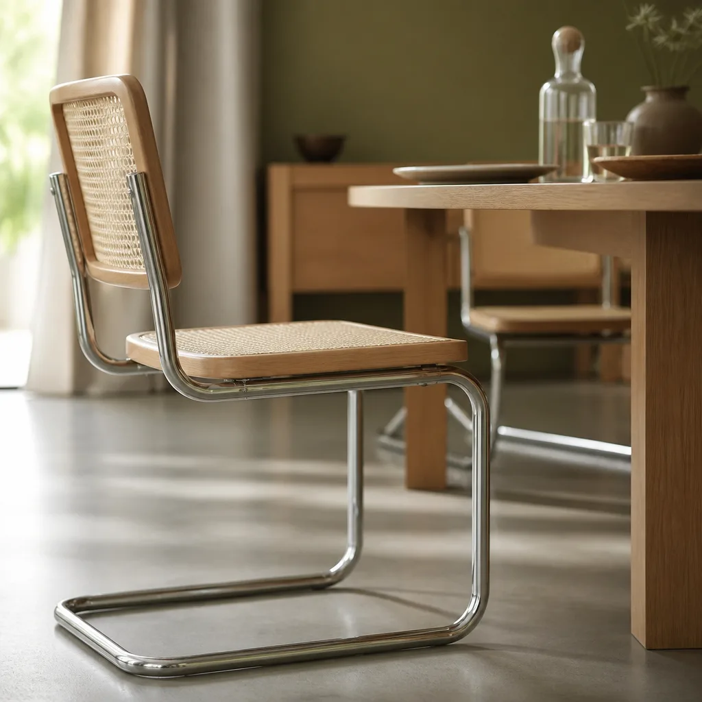 Close up of a chrome cantilever chair frame with a woven cane seat in a minimalist dining room