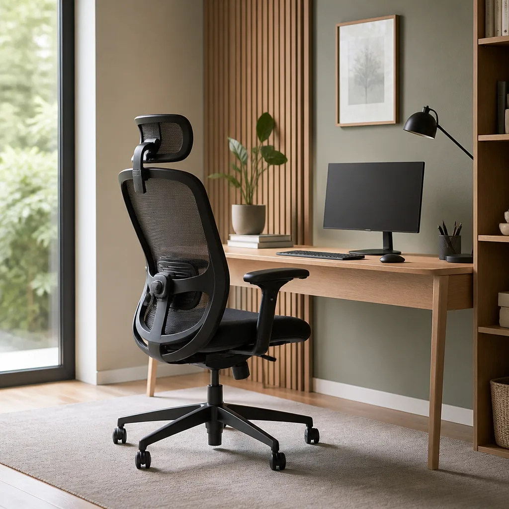Ergonomic office chair with adjustable armrests and mesh backrest at a tidy home office desk